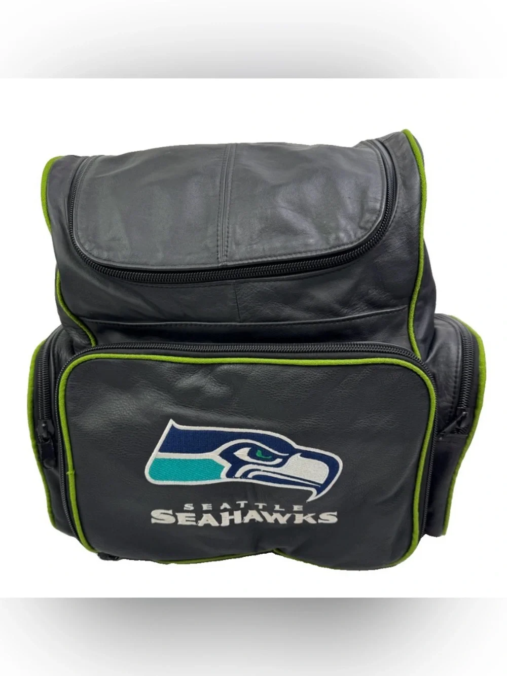 Seattle Seahawks Genuine Leather Backpack VTG Style Black Action Green NFL